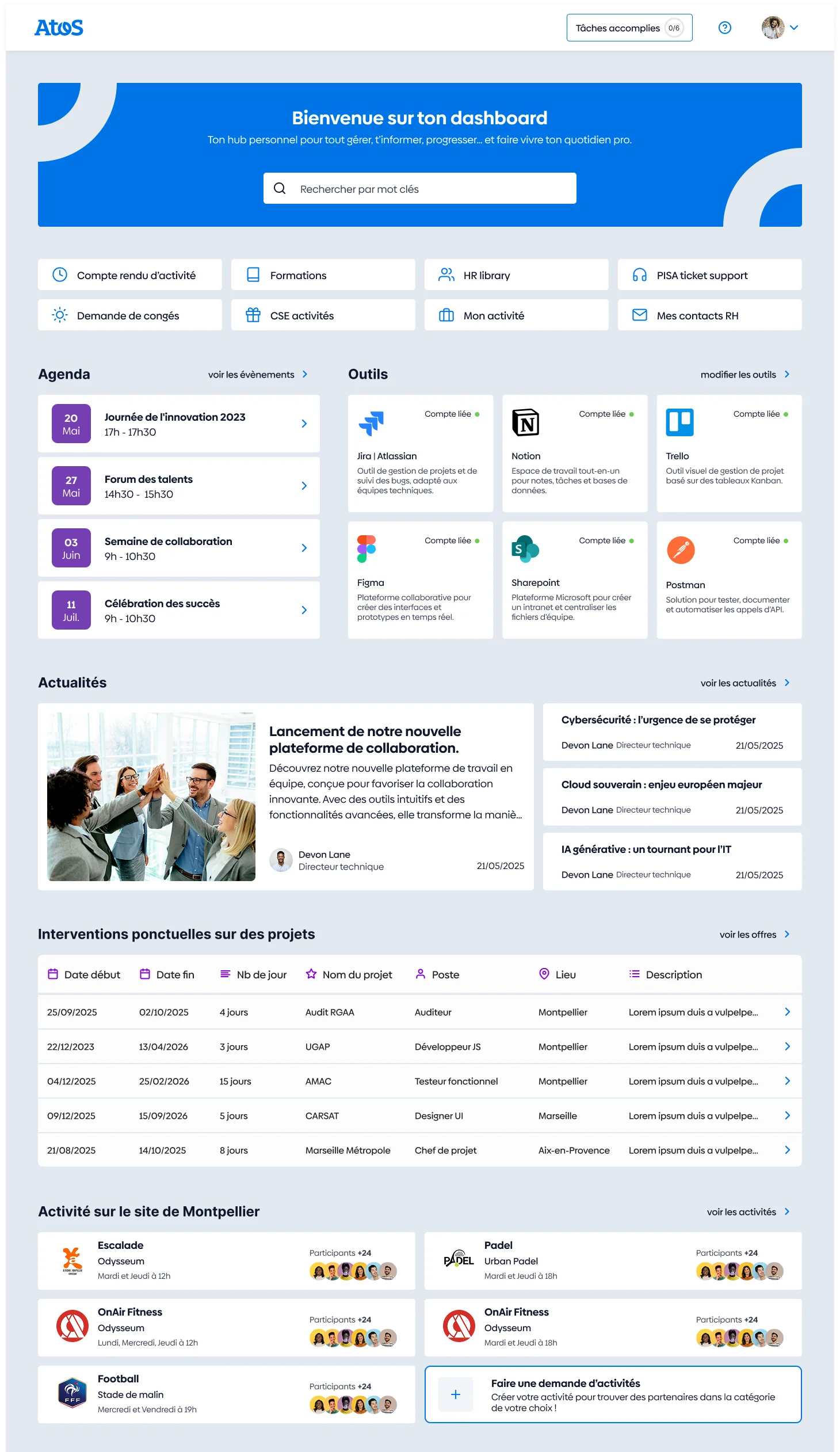 Le dashboard en pleine largeur, avec les actualités et l’activité du site