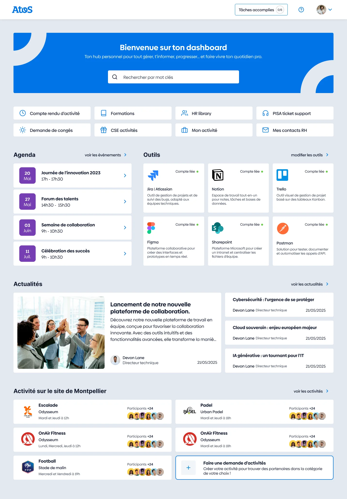 Le dashboard personnel : raccourcis, agenda et outils connectés
