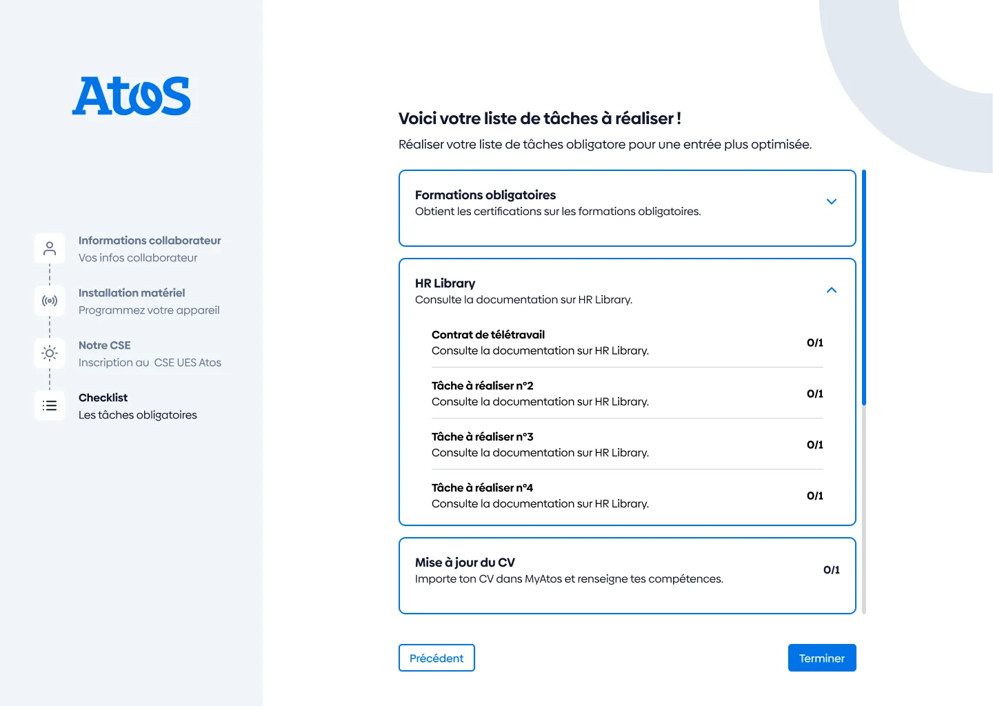 Parcours d’onboarding : la checklist dépliée, tâche par tâche