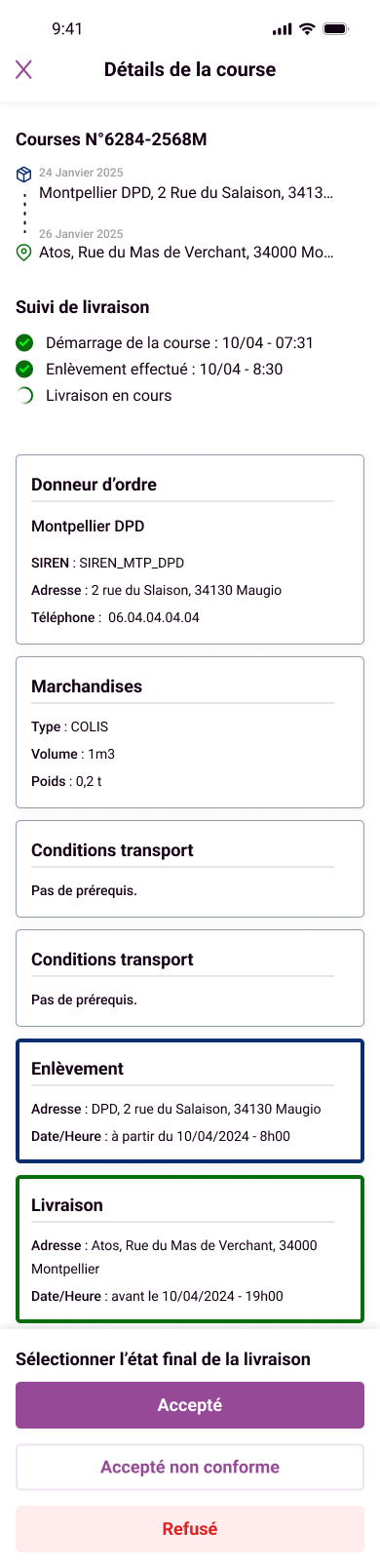 Page d’une course, livraison