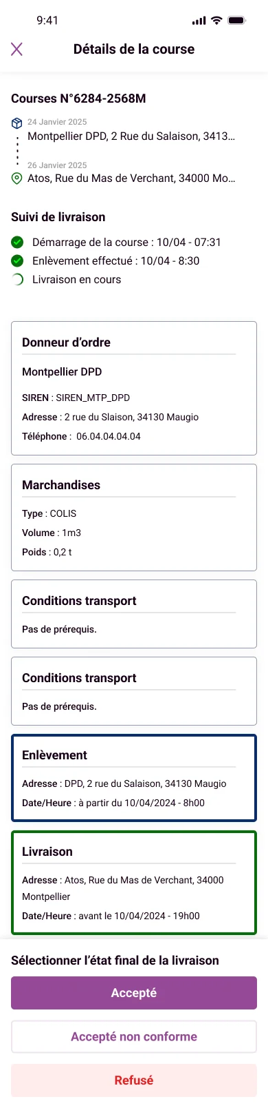 Page d’une course, livraison