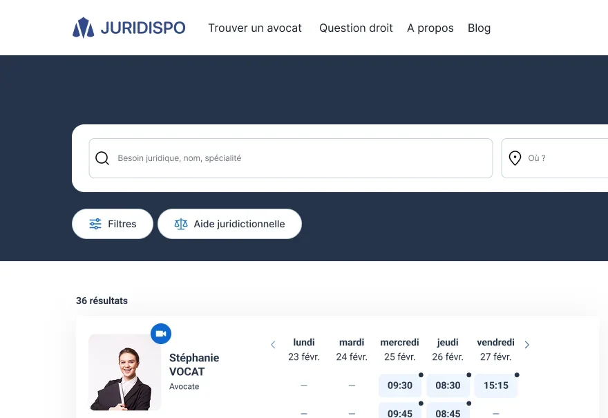 Le listing des avocats avec créneaux et carte