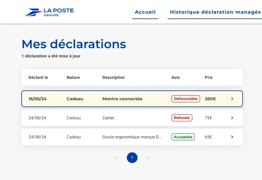 La liste des déclarations de conformité et leurs statuts