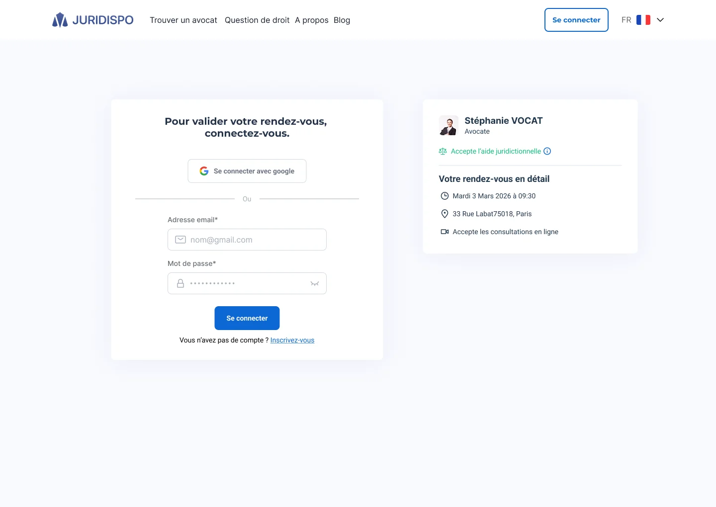 Connexion ou inscription pour confirmer, puis confirmation du rendez-vous · vue 1 sur 2