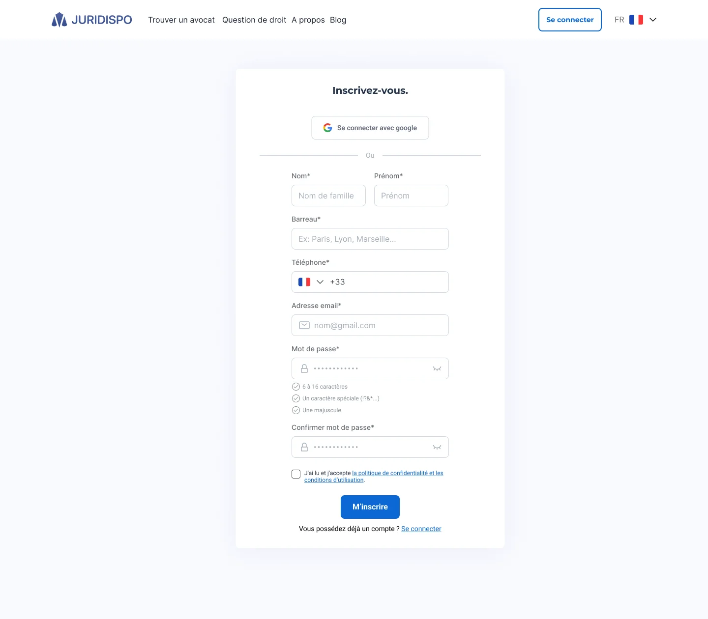 Formulaire d'inscription avocat et confirmation de validation sous 24h · vue 1 sur 2