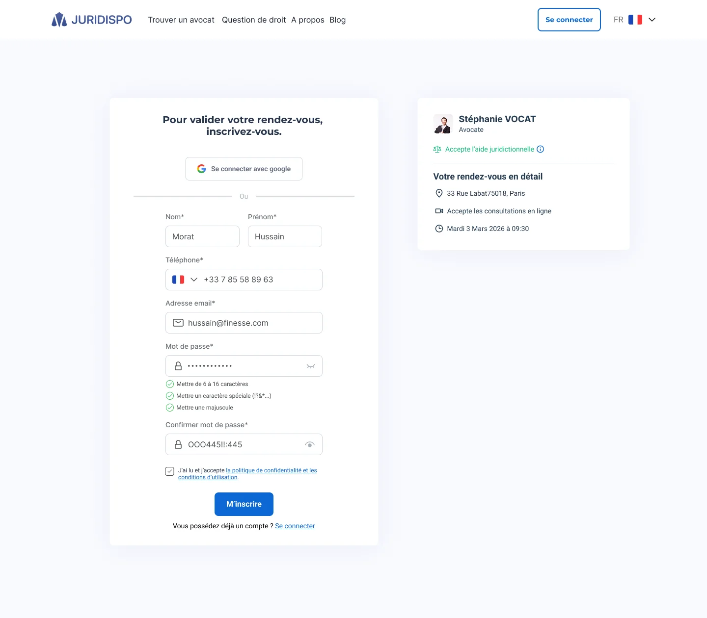 Création de compte justiciable pour confirmer le rendez-vous
