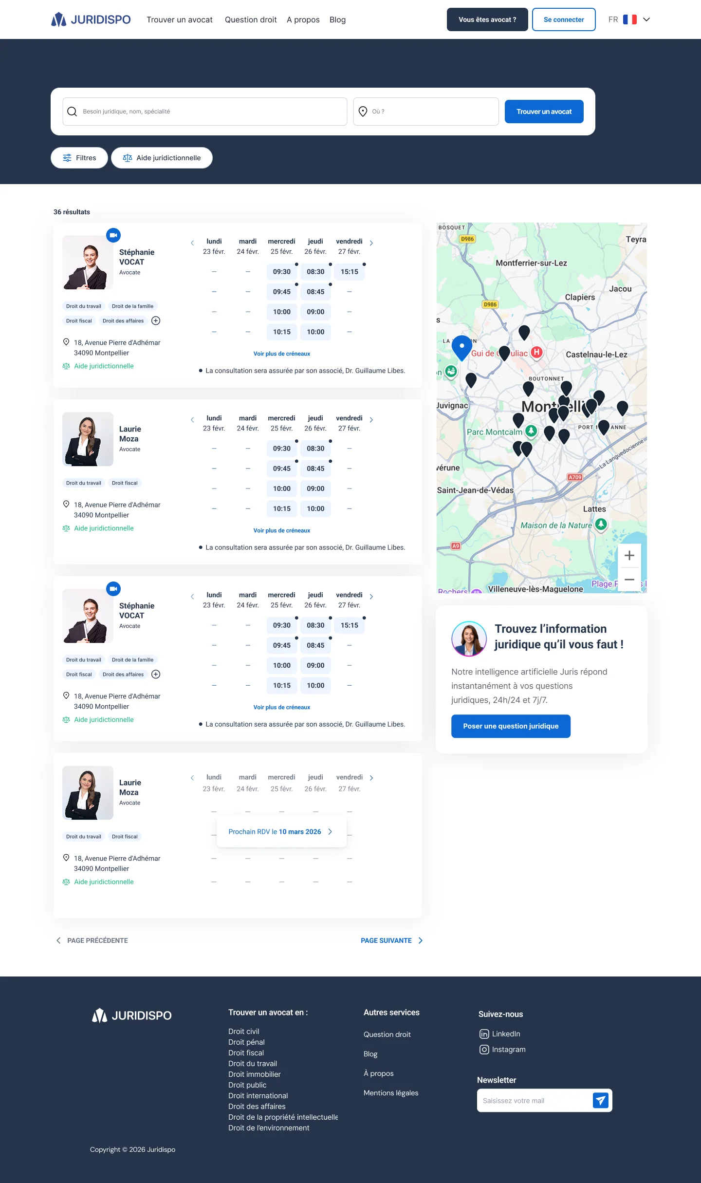 Listing des avocats avec créneaux et carte, puis fiche profil complète · vue 1 sur 2