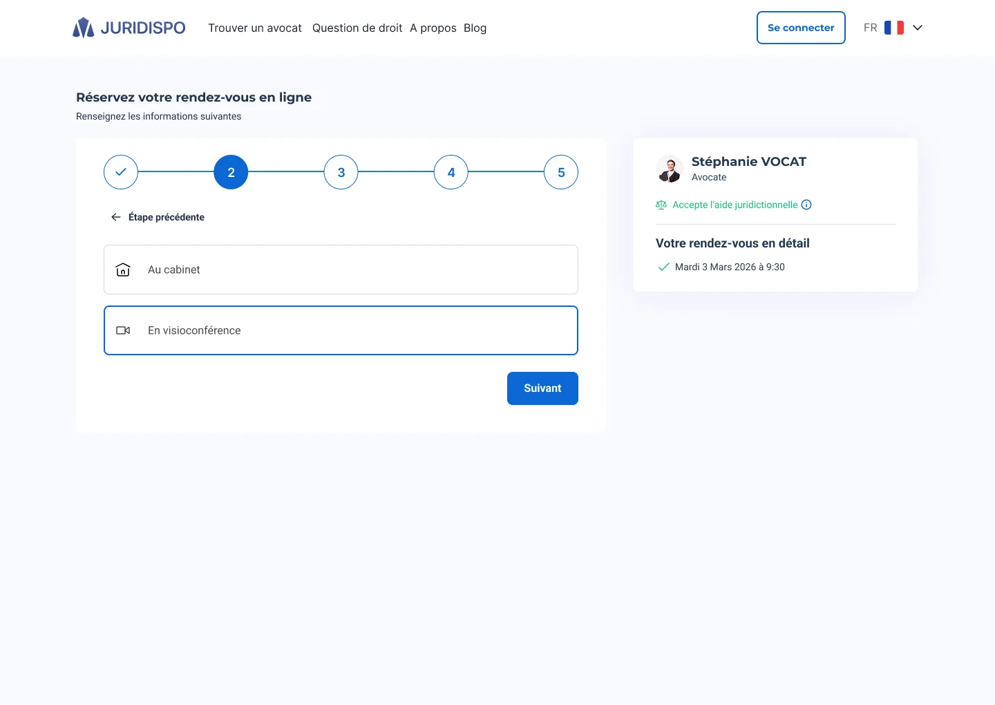 Étape 2 : cabinet ou visio · Étape 3 : type de consultation · vue 1 sur 2