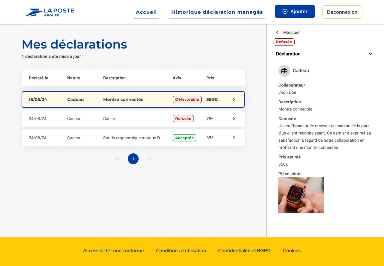 La liste des déclarations et leurs statuts · vue desktop