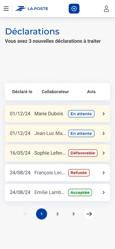 La liste des déclarations et leurs statuts · vue mobile