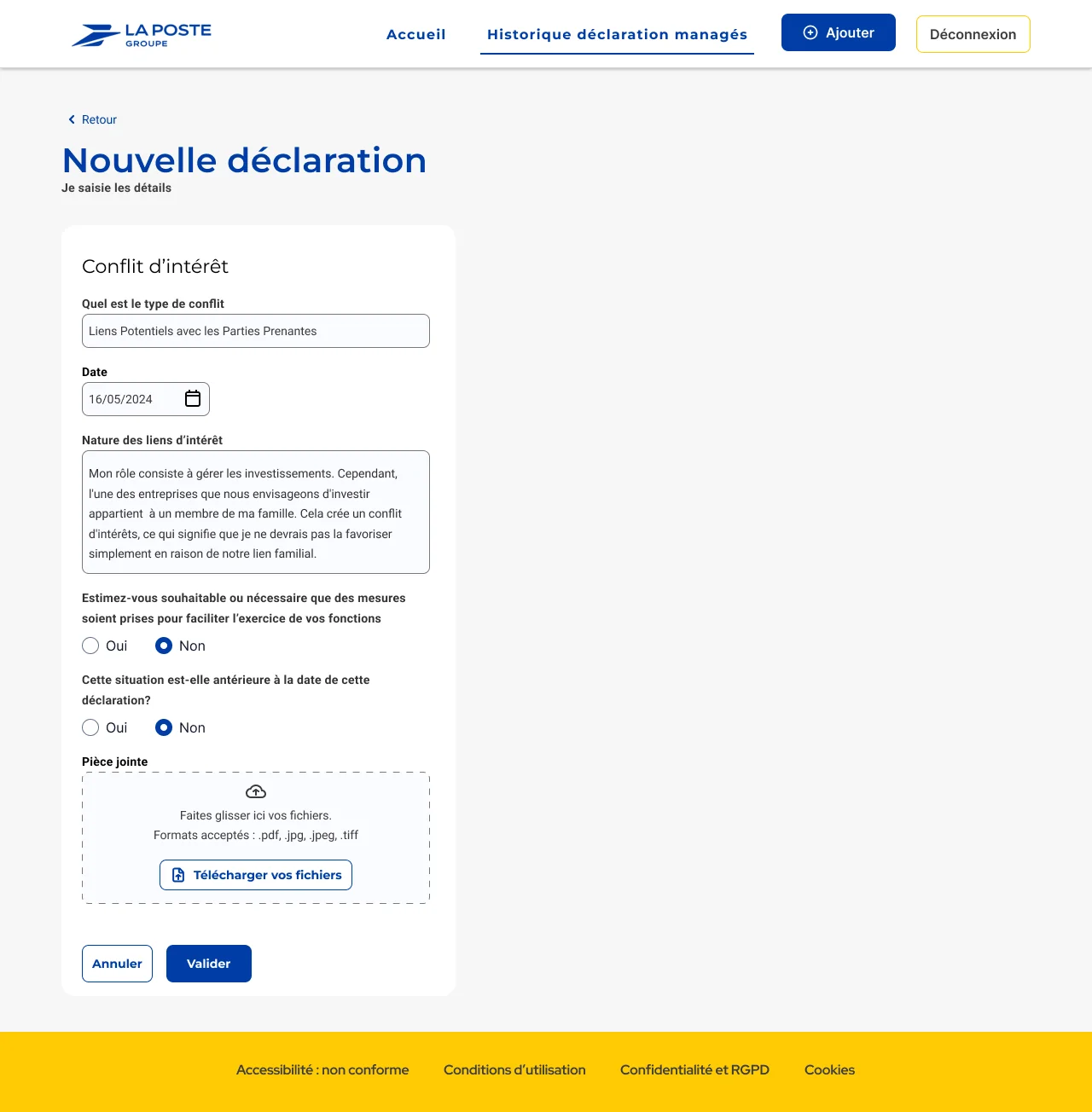 Le formulaire de déclaration : type, date, nature du conflit, pièce jointe · vue desktop