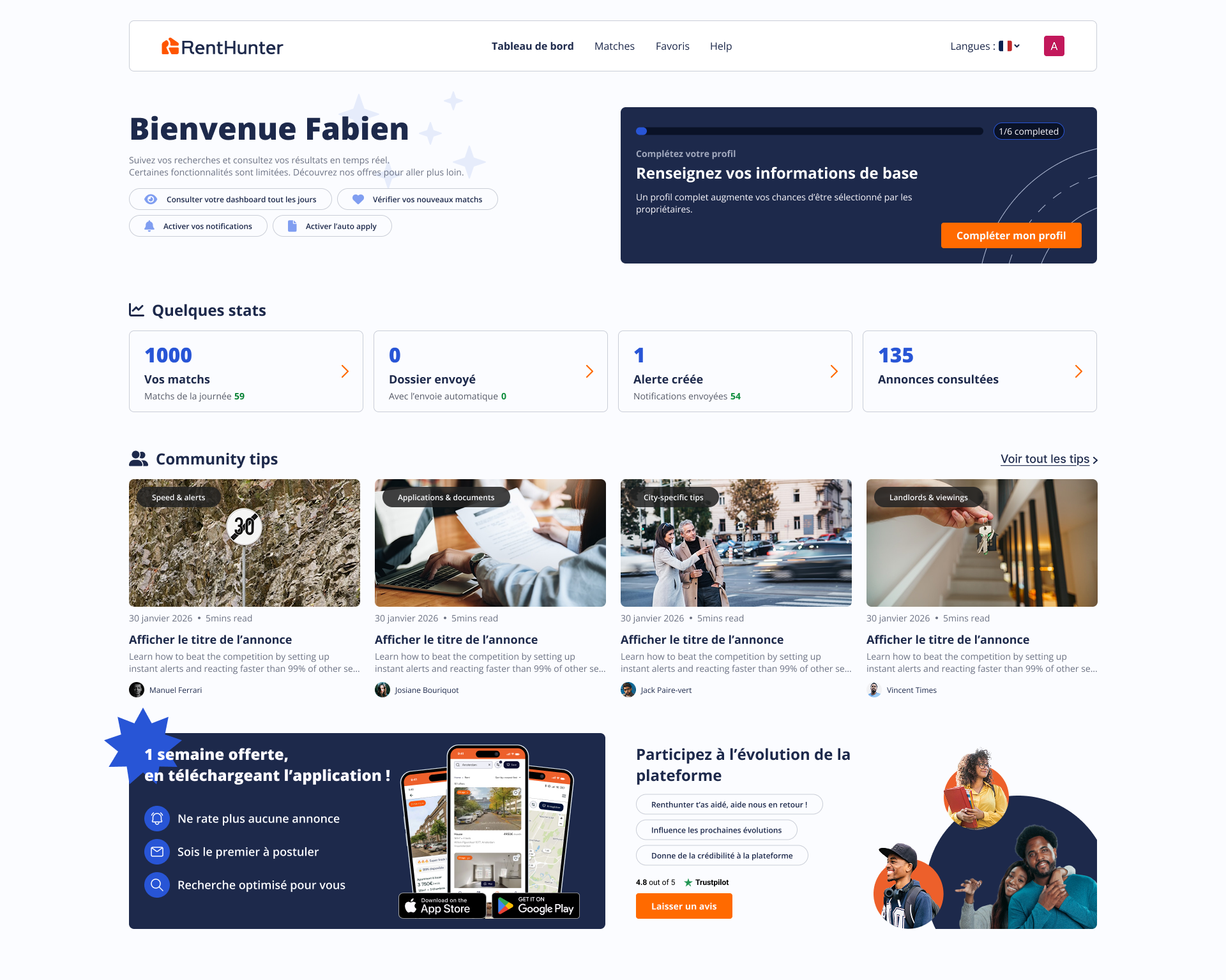 Dashboard RentHunter, desktop