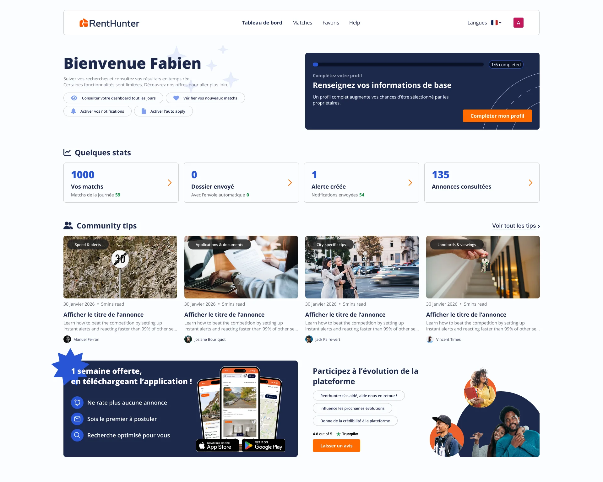 Dashboard RentHunter, desktop